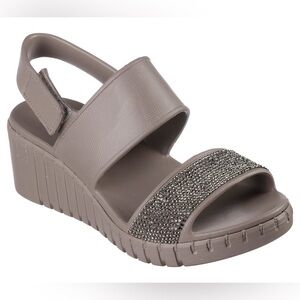 SKECHERS Foamies Pier Ave Wedge Sandals in Dark Taupe with Crystal Embellishment